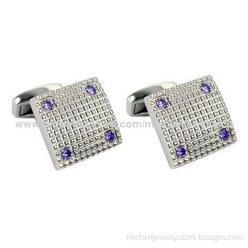 Stainless Steel Cufflinks with Purple CZ Stones, Concise and Popular